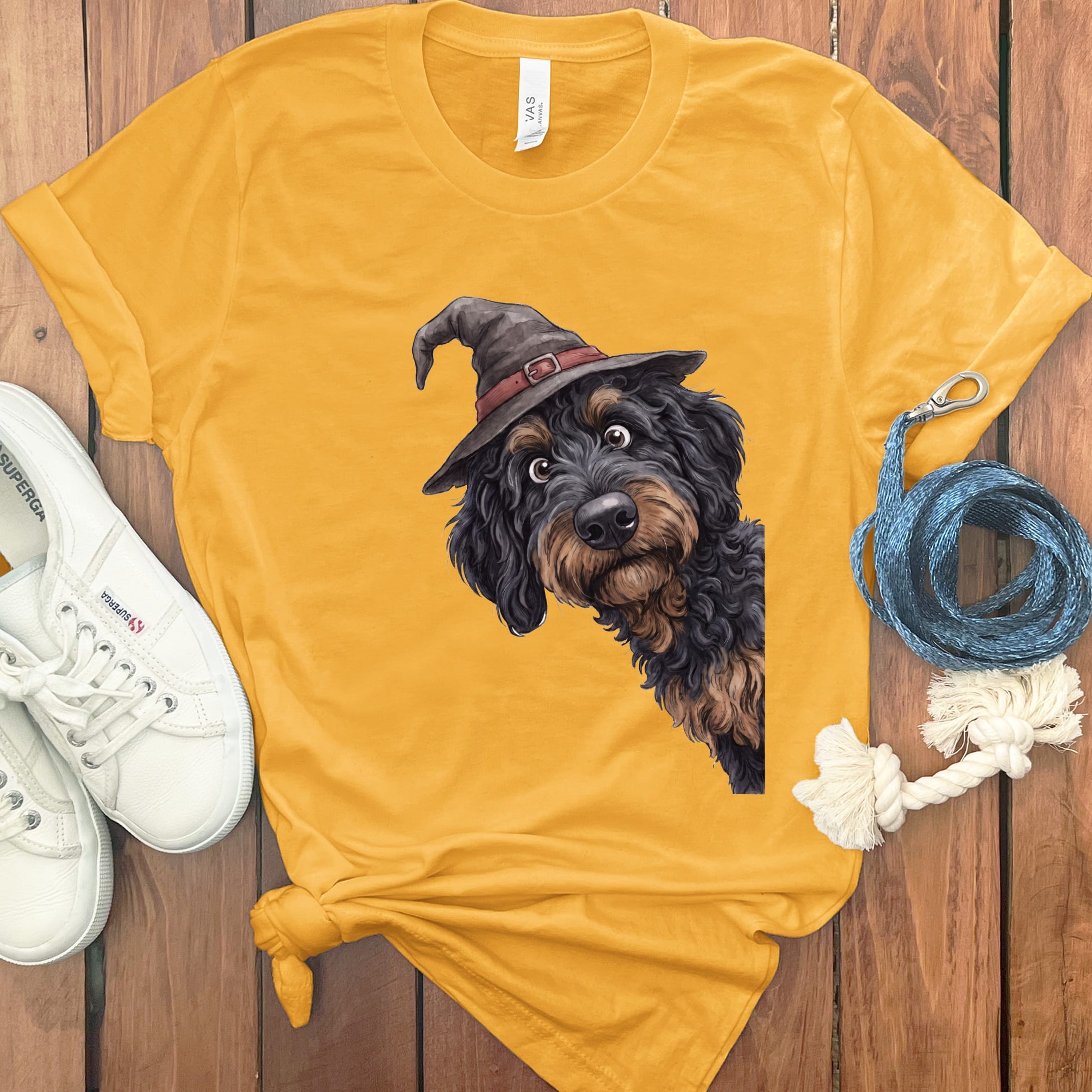 Peeking Witch Phantom Goldendoodle T-Shirt in Gold / S by Puppy Jo