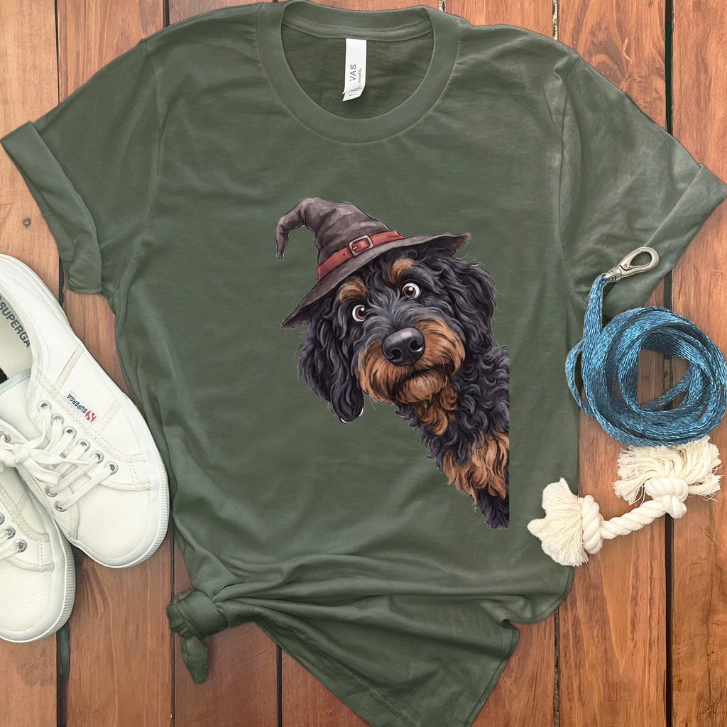 Peeking Witch Phantom Goldendoodle T-Shirt in Military Green / S by Puppy Jo