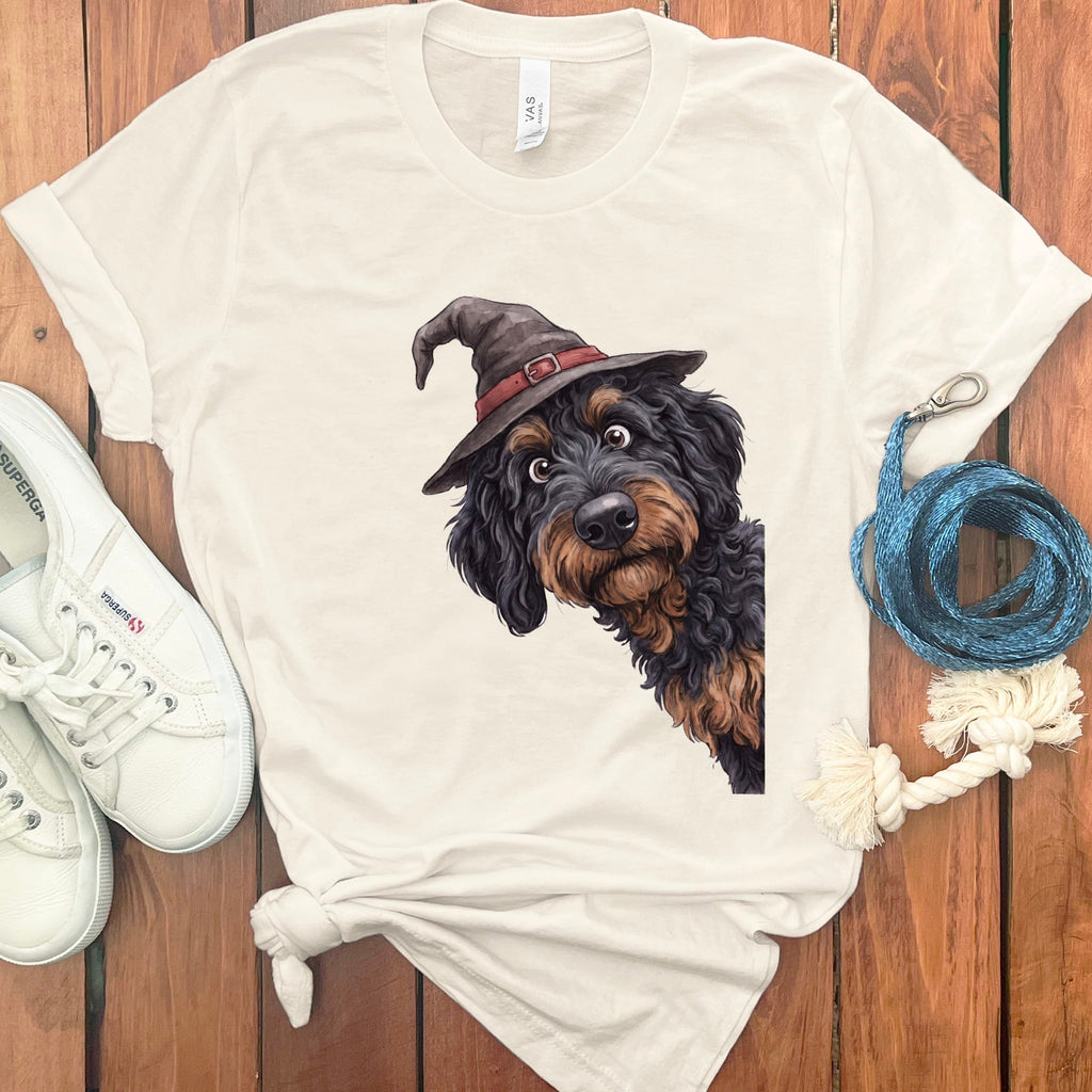 Peeking Witch Phantom Goldendoodle T-Shirt in Natural / S by Puppy Jo