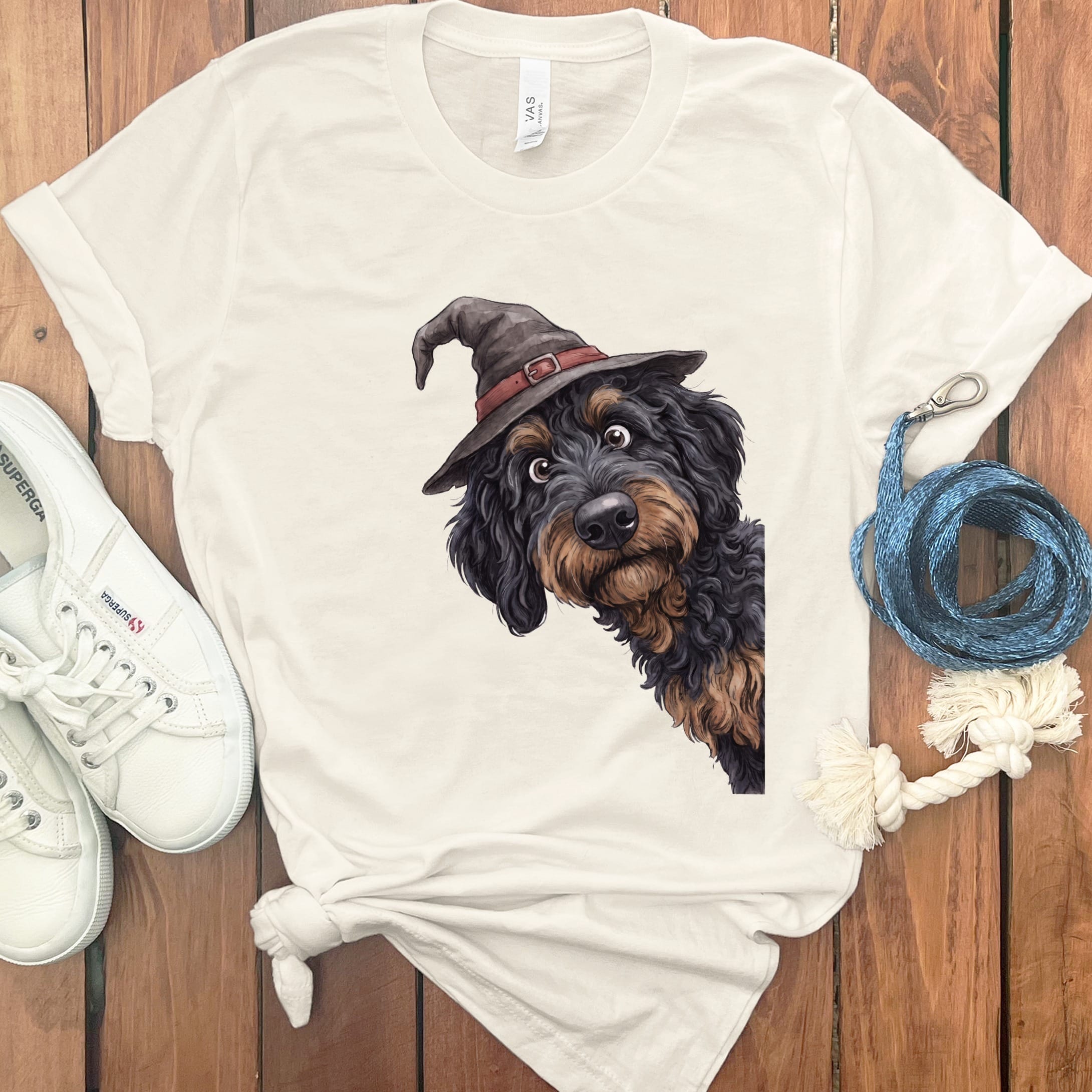 Peeking Witch Phantom Goldendoodle T-Shirt in Natural / S by Puppy Jo