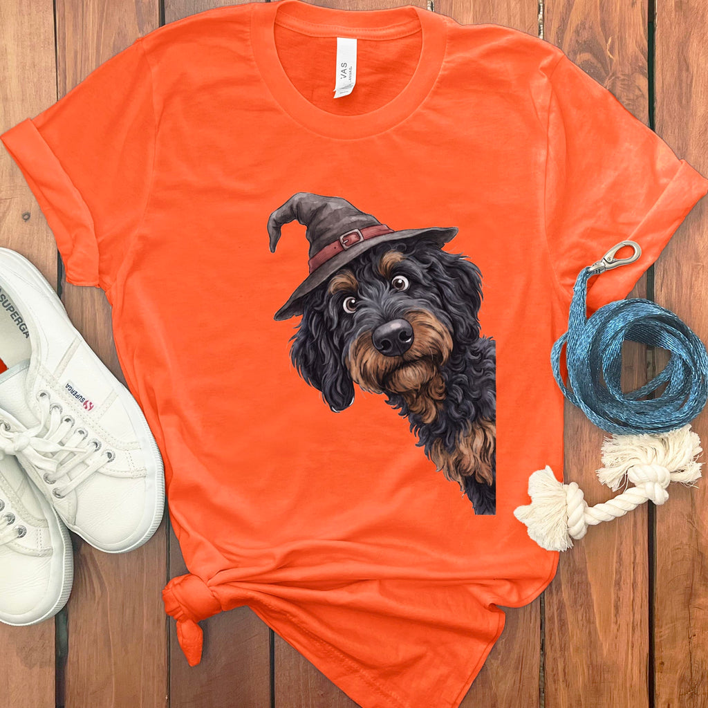 Peeking Witch Phantom Goldendoodle T-Shirt in Orange / S by Puppy Jo