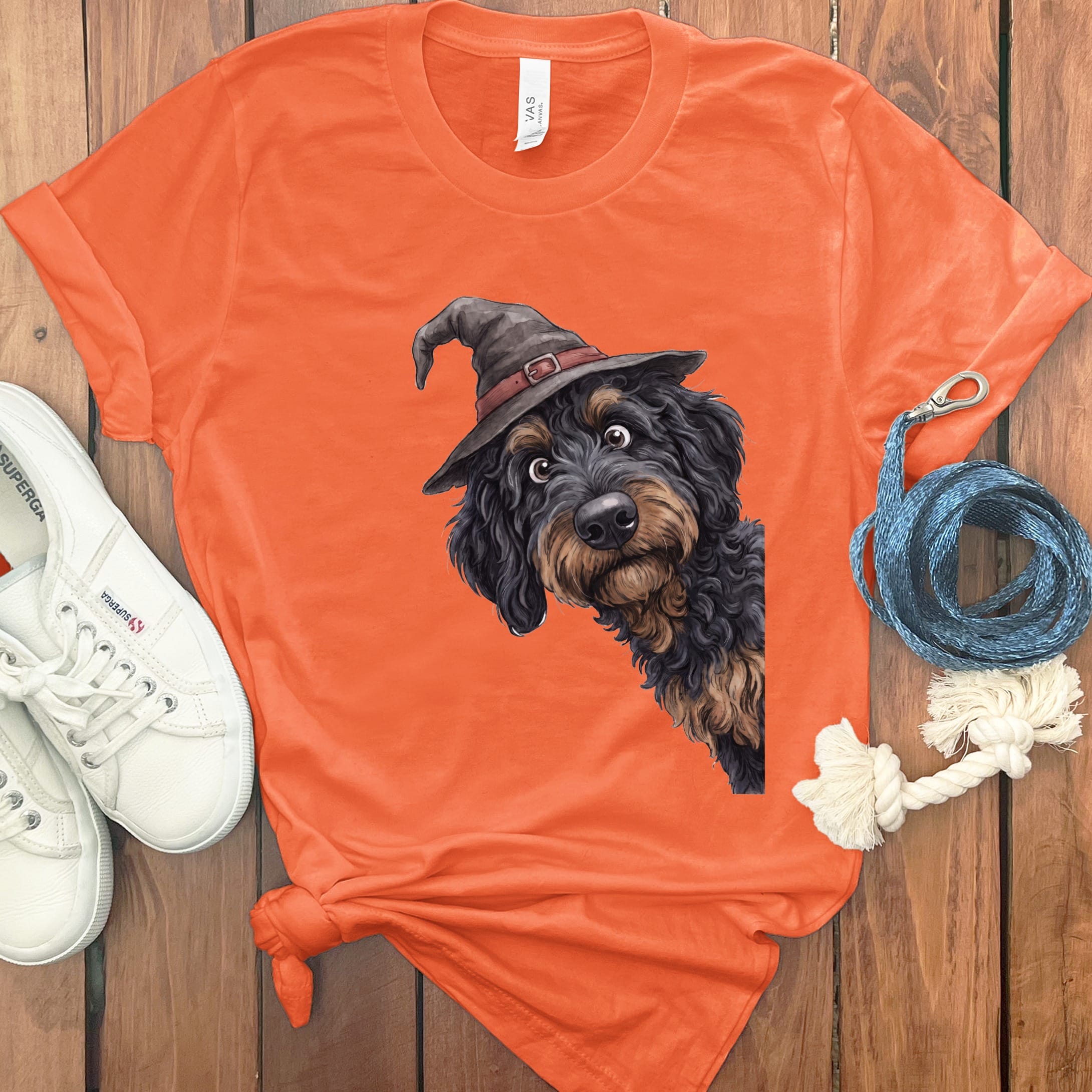 Peeking Witch Phantom Goldendoodle T-Shirt in Orange / S by Puppy Jo