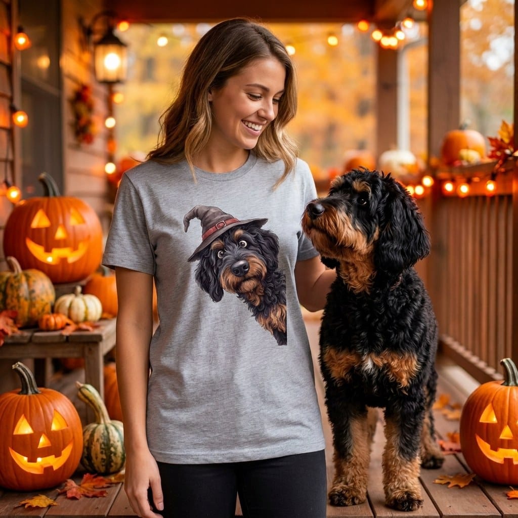 Peeking Witch Phantom Goldendoodle T-Shirt in by Puppy Jo