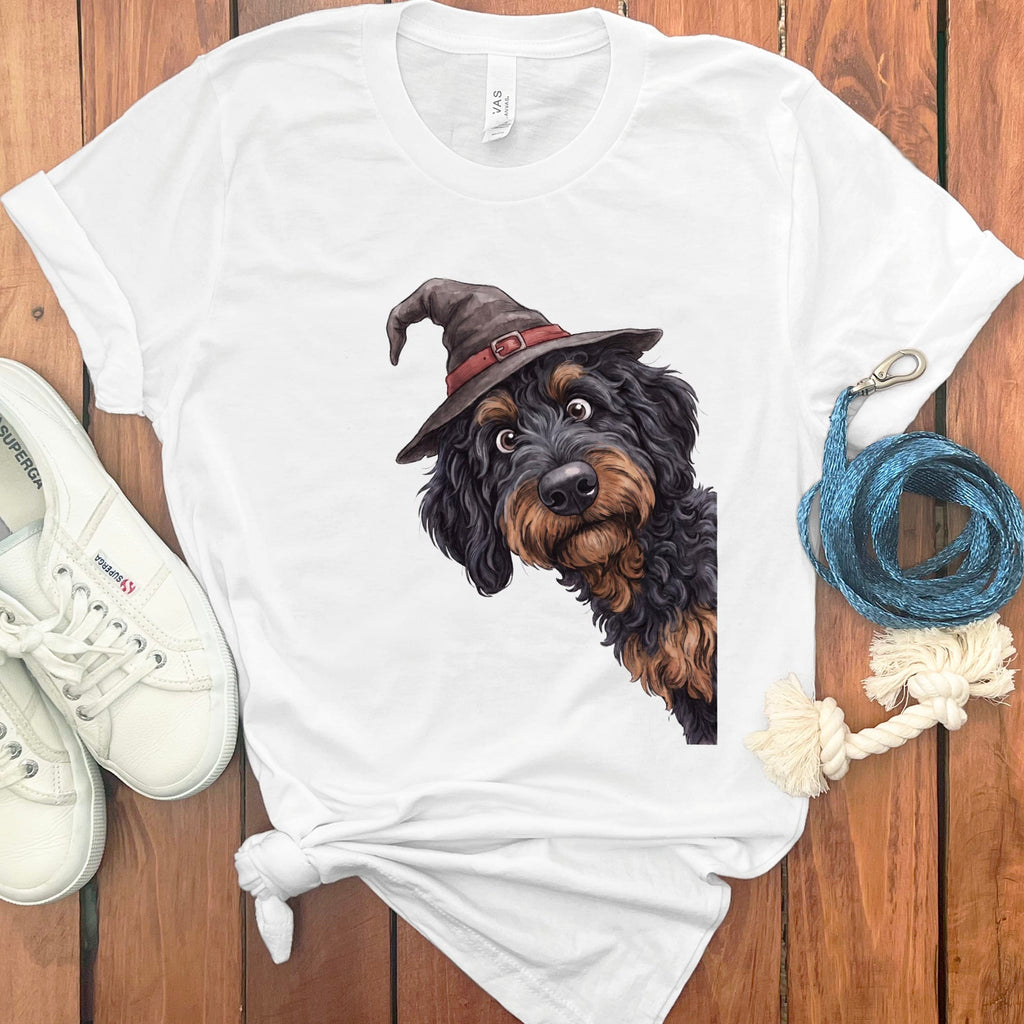 Peeking Witch Phantom Goldendoodle T-Shirt in White / S by Puppy Jo