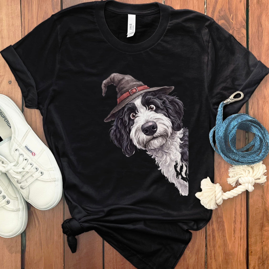 Peeking Witch Sheepadoodle T-Shirt in Black / S by Puppy Jo