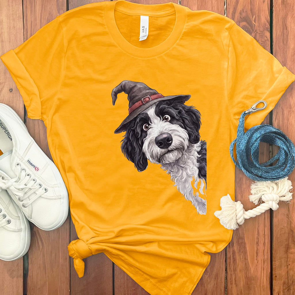Peeking Witch Sheepadoodle T-Shirt in Gold / S by Puppy Jo