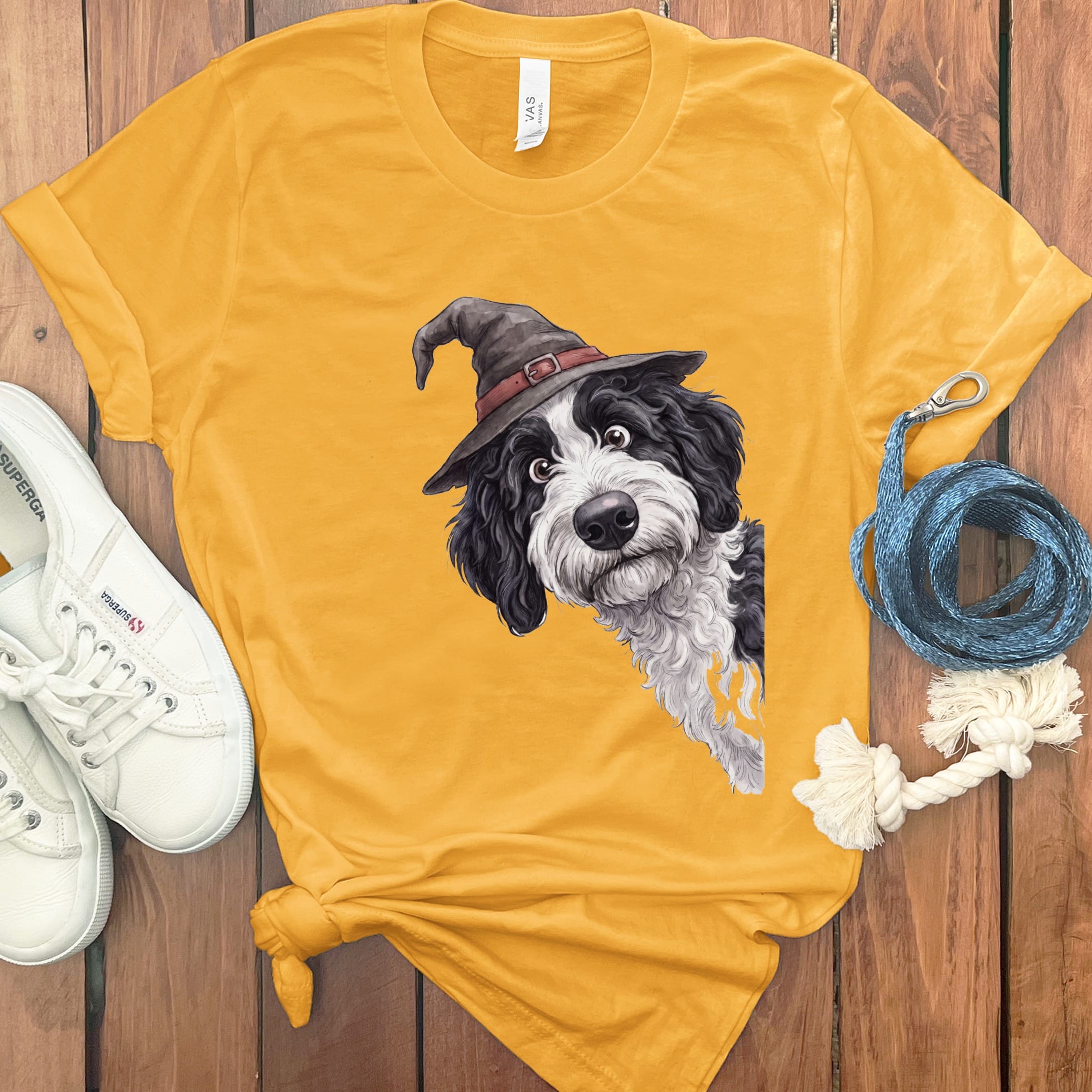 Peeking Witch Sheepadoodle T-Shirt in Gold / S by Puppy Jo