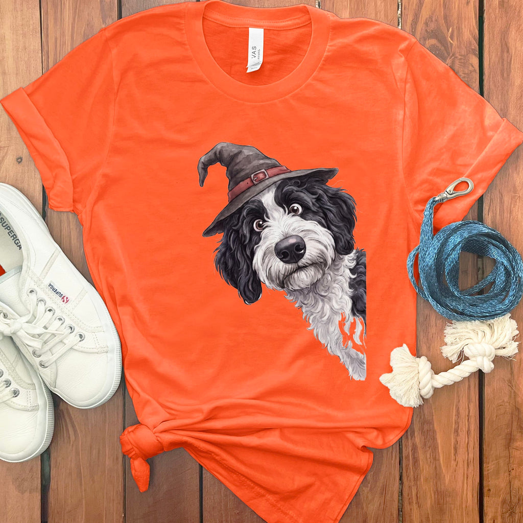 Peeking Witch Sheepadoodle T-Shirt in Orange / S by Puppy Jo
