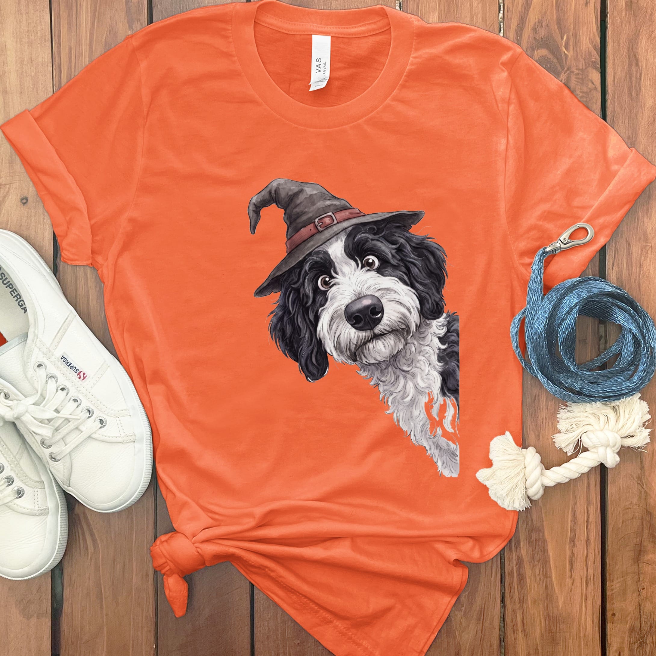 Peeking Witch Sheepadoodle T-Shirt in Orange / S by Puppy Jo