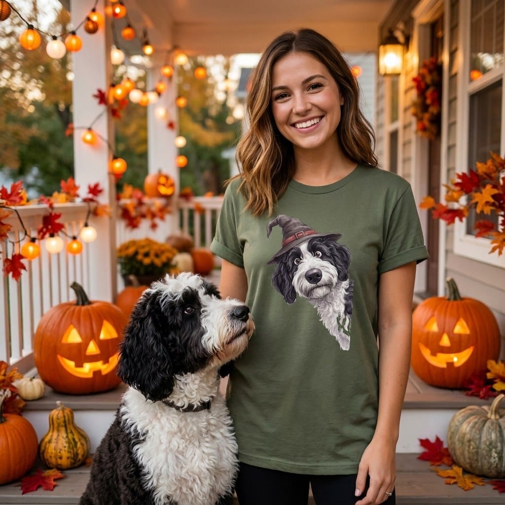 Peeking Witch Sheepadoodle T-Shirt in by Puppy Jo