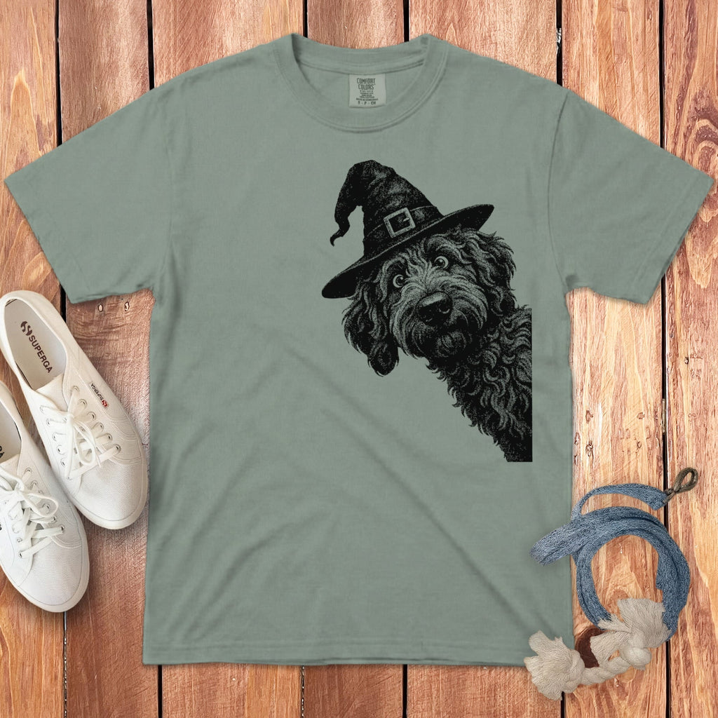 Peeking Witchy Halftone Goldendoodle Signature T-Shirt in Bay / S by Puppy Jo