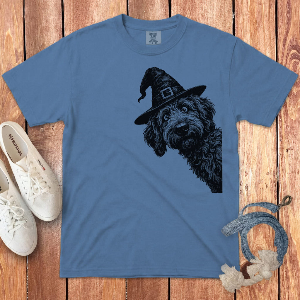 Peeking Witchy Halftone Goldendoodle Signature T-Shirt in Blue Jean / S by Puppy Jo