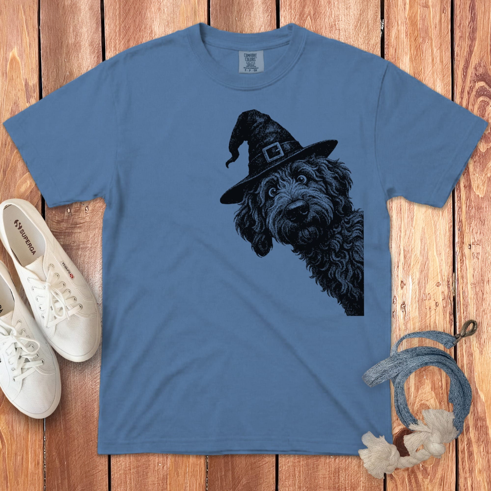 Peeking Witchy Halftone Goldendoodle Signature T-Shirt in Blue Jean / S by Puppy Jo
