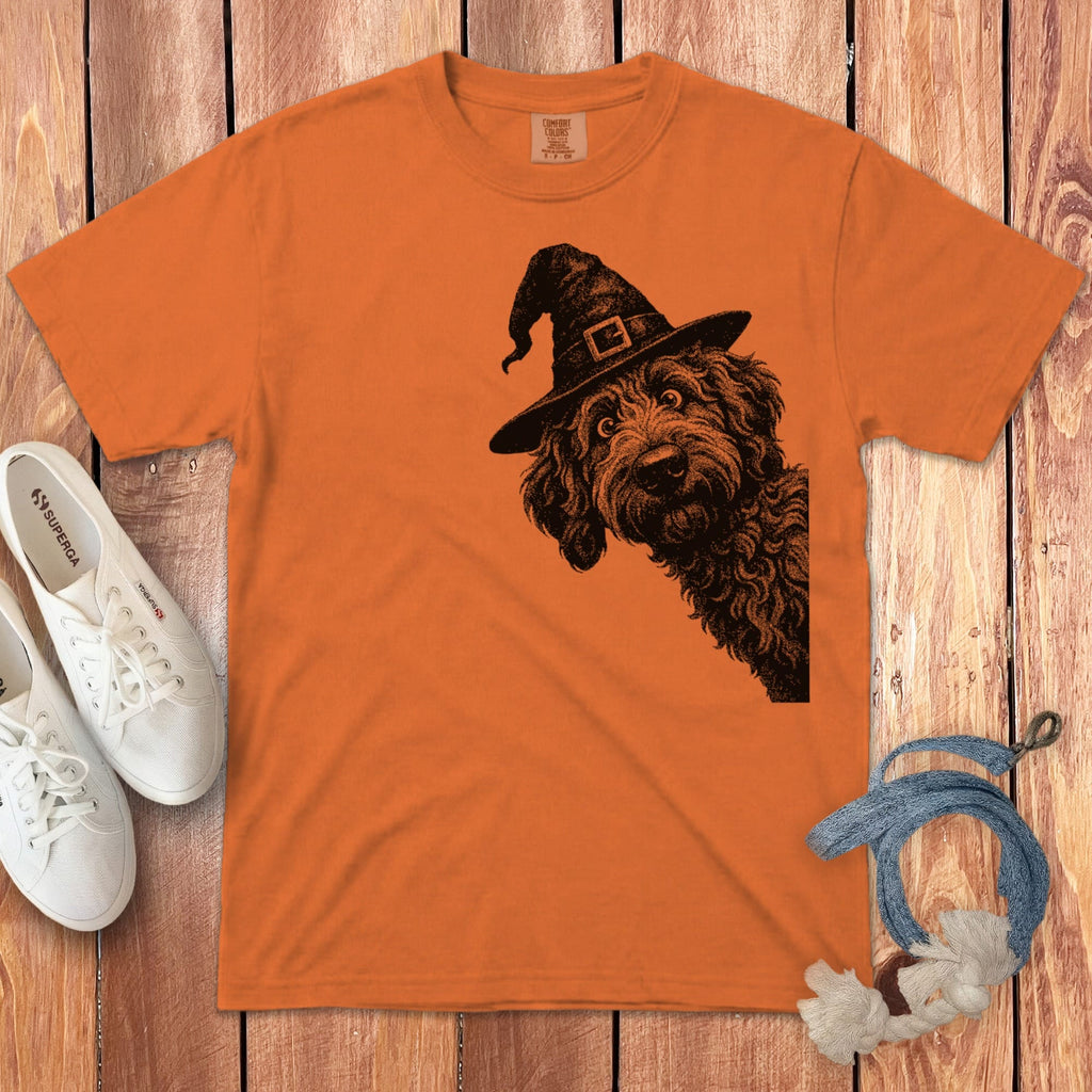 Peeking Witchy Halftone Goldendoodle Signature T-Shirt in Burnt Orange / S by Puppy Jo