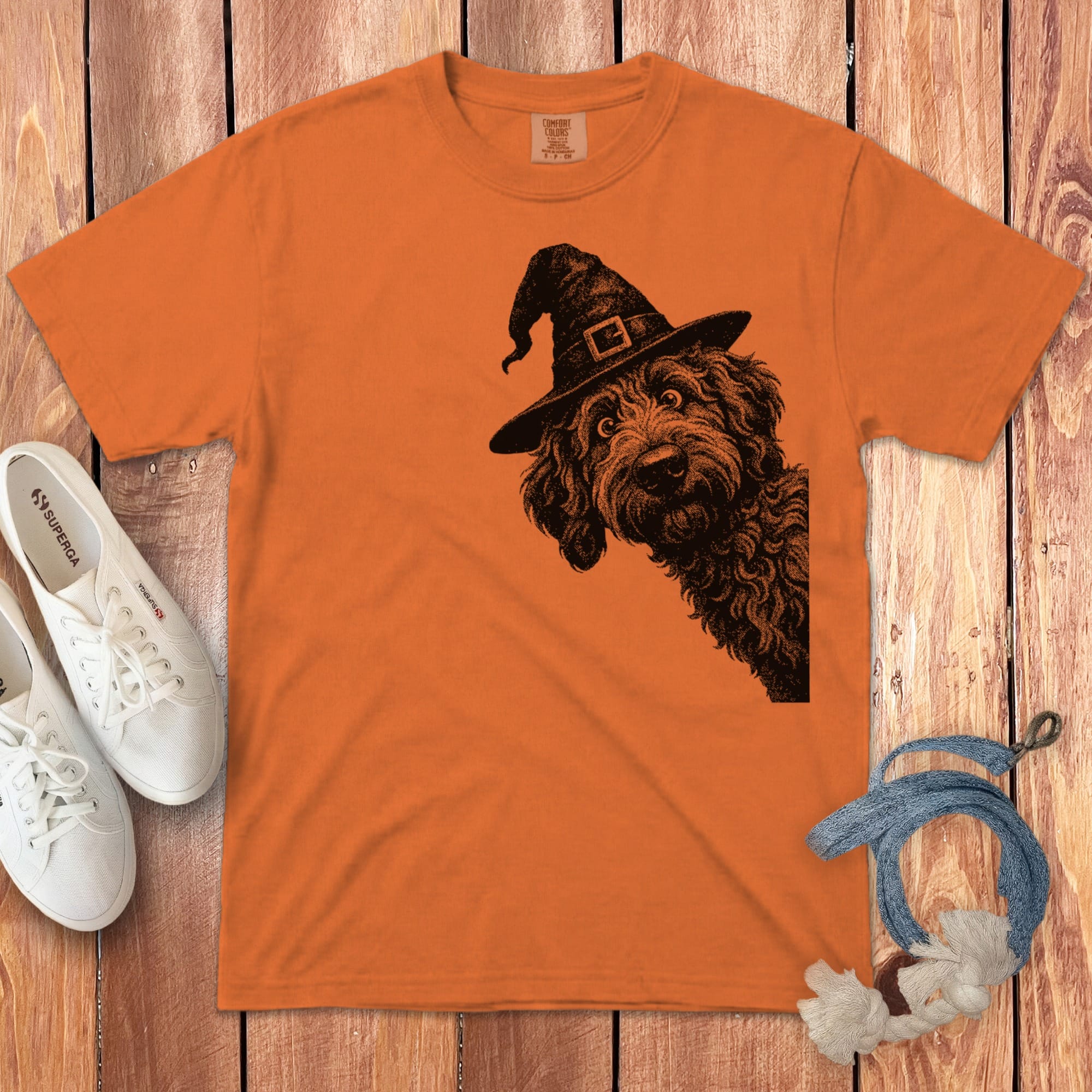 Peeking Witchy Halftone Goldendoodle Signature T-Shirt in Burnt Orange / S by Puppy Jo