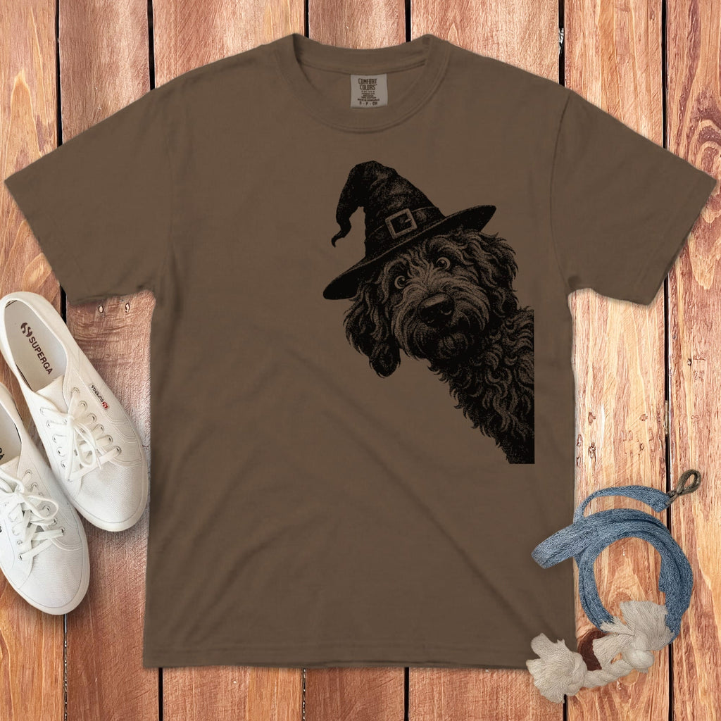 Peeking Witchy Halftone Goldendoodle Signature T-Shirt in Espresso / S by Puppy Jo