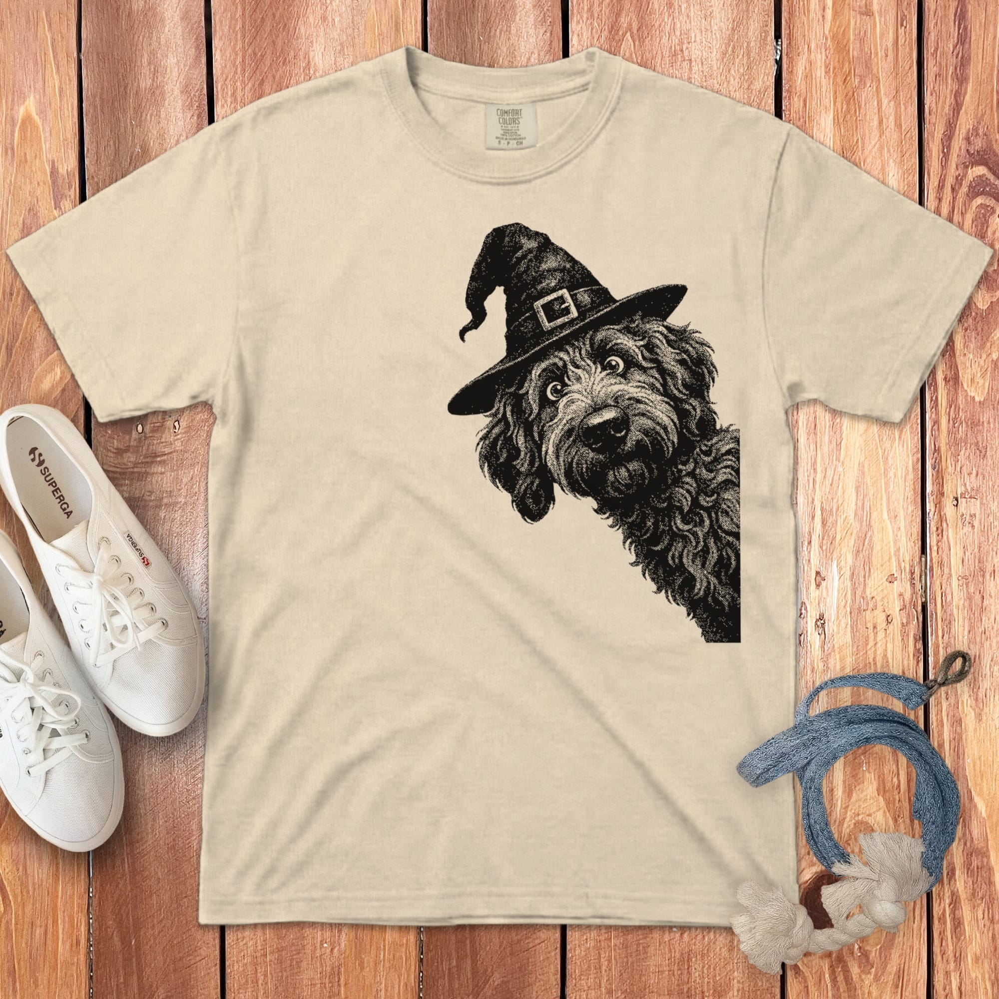 Peeking Witchy Halftone Goldendoodle Signature T-Shirt in Ivory / S by Puppy Jo