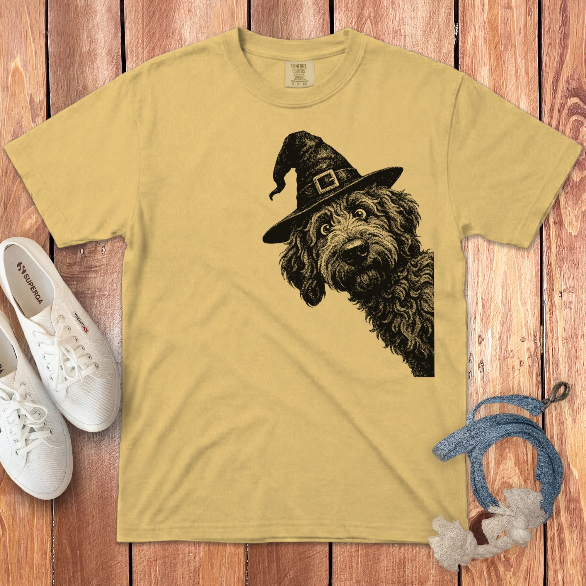 Peeking Witchy Halftone Goldendoodle Signature T-Shirt in Mustard / S by Puppy Jo