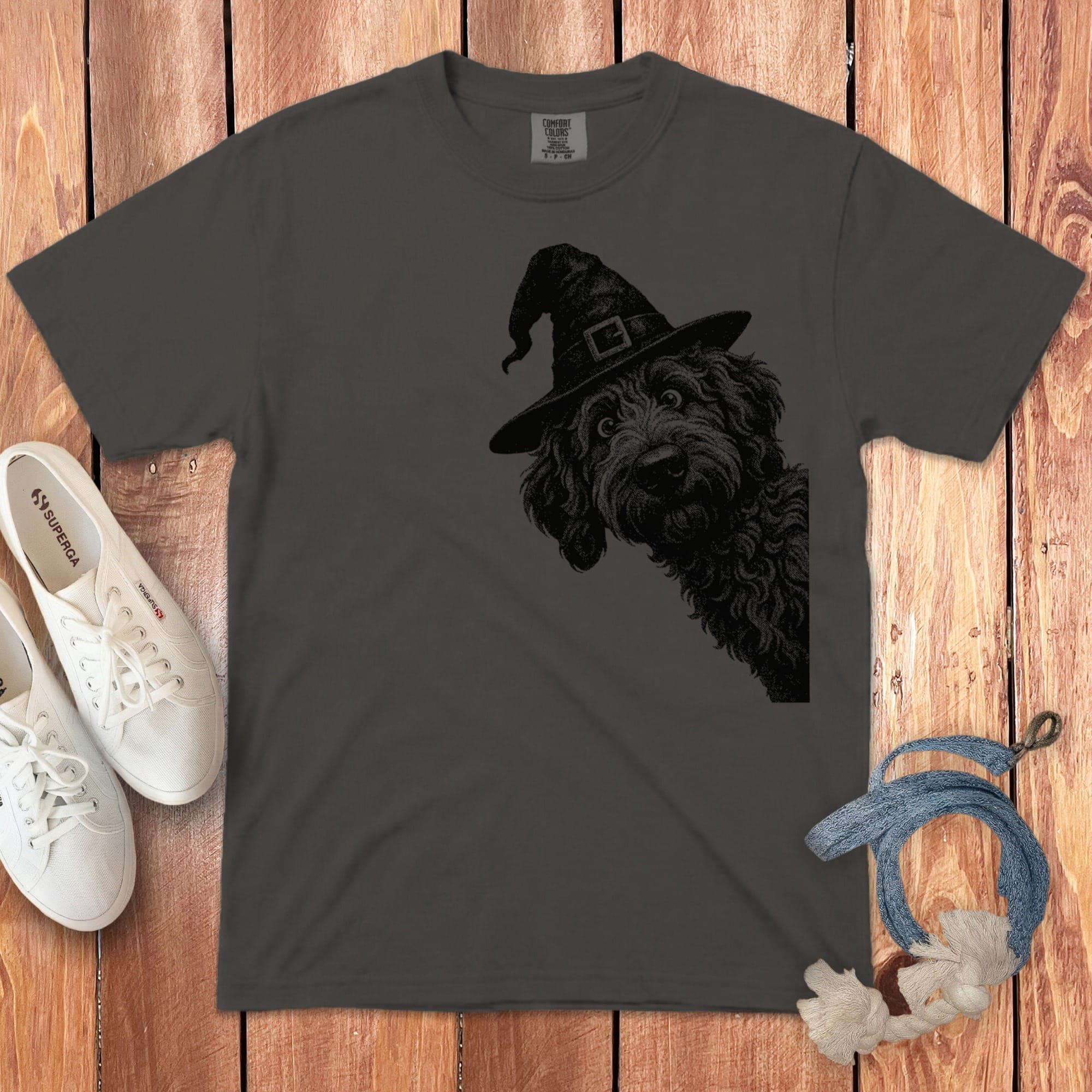 Peeking Witchy Halftone Goldendoodle Signature T-Shirt in Pepper / S by Puppy Jo