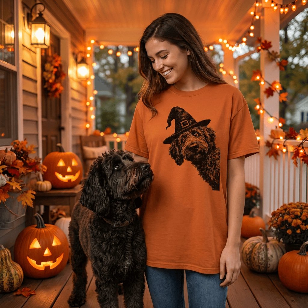 Peeking Witchy Halftone Goldendoodle Signature T-Shirt in by Puppy Jo