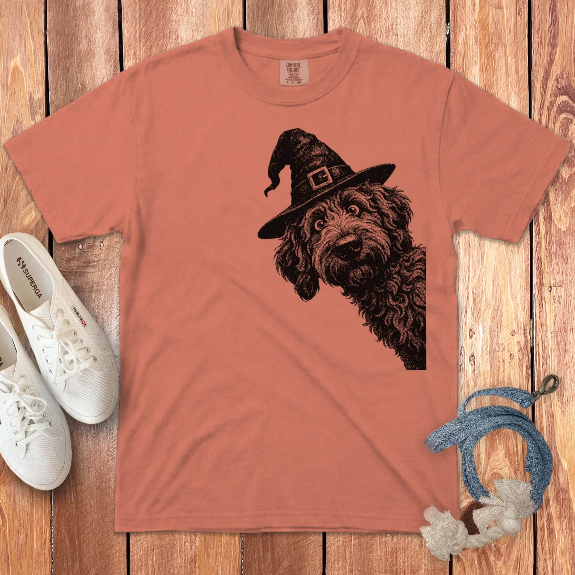 Peeking Witchy Halftone Goldendoodle Signature T-Shirt in Terracotta / S by Puppy Jo