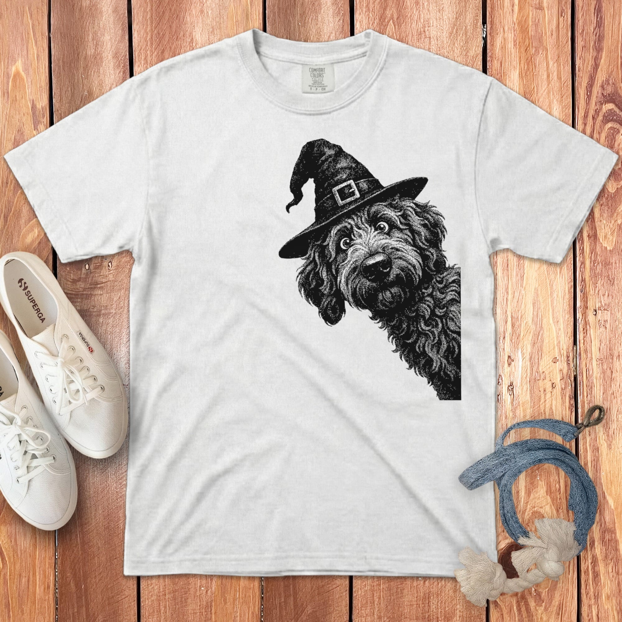 Peeking Witchy Halftone Goldendoodle Signature T-Shirt in White / S by Puppy Jo