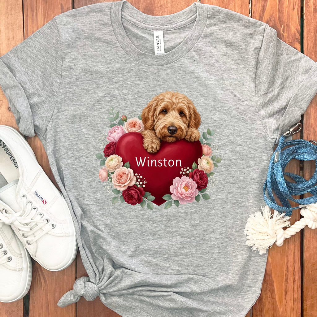 Personalized Apricot Goldendoodle Heart Belongs T-Shirt in Athletic Heather / S by Puppy Jo