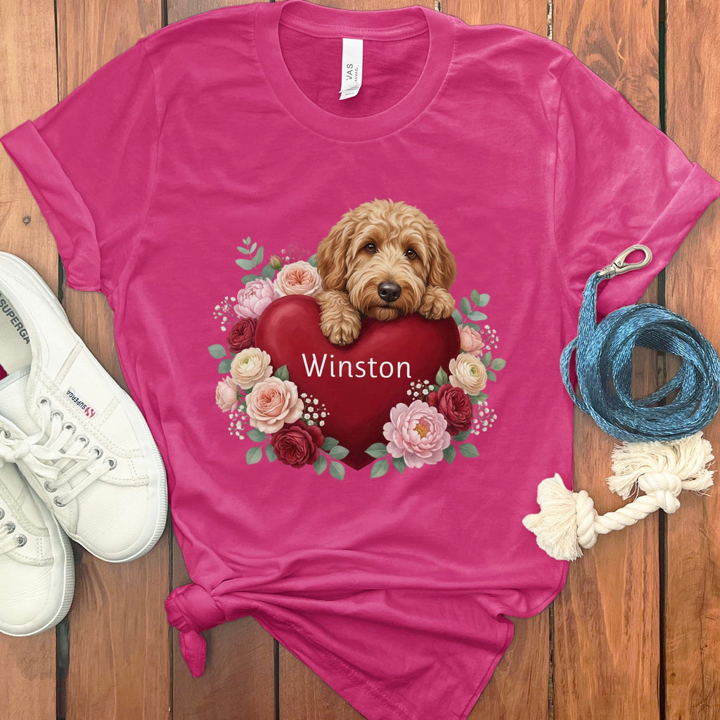 Personalized Apricot Goldendoodle Heart Belongs T-Shirt in Berry / S by Puppy Jo