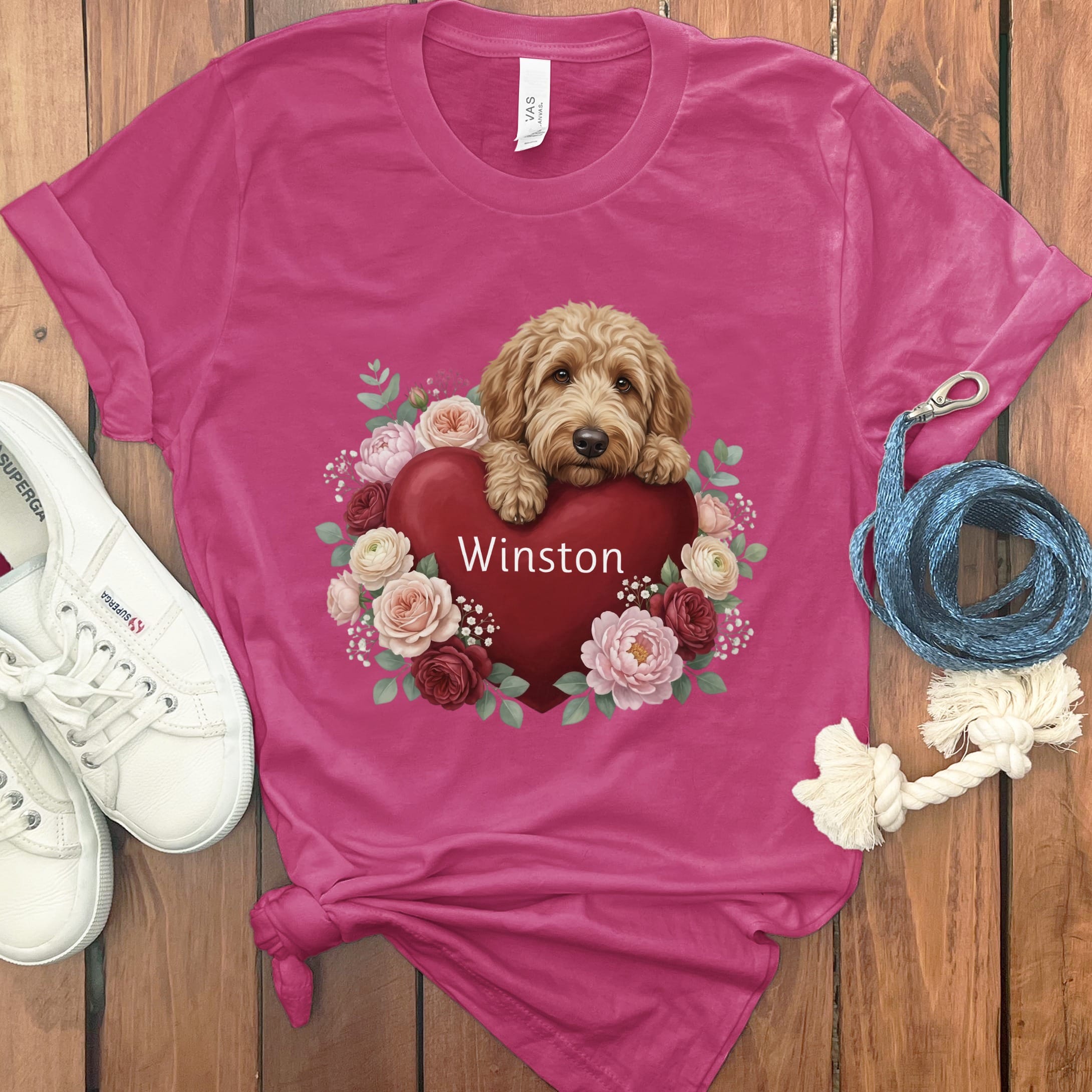 Personalized Apricot Goldendoodle Heart Belongs T-Shirt in Berry / S by Puppy Jo