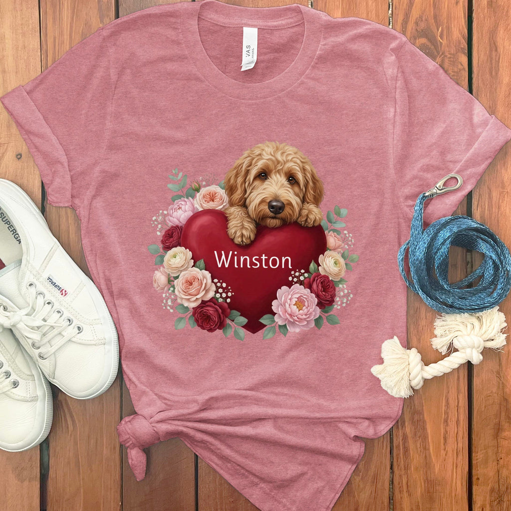 Personalized Apricot Goldendoodle Heart Belongs T-Shirt in Heather Mauve / S by Puppy Jo