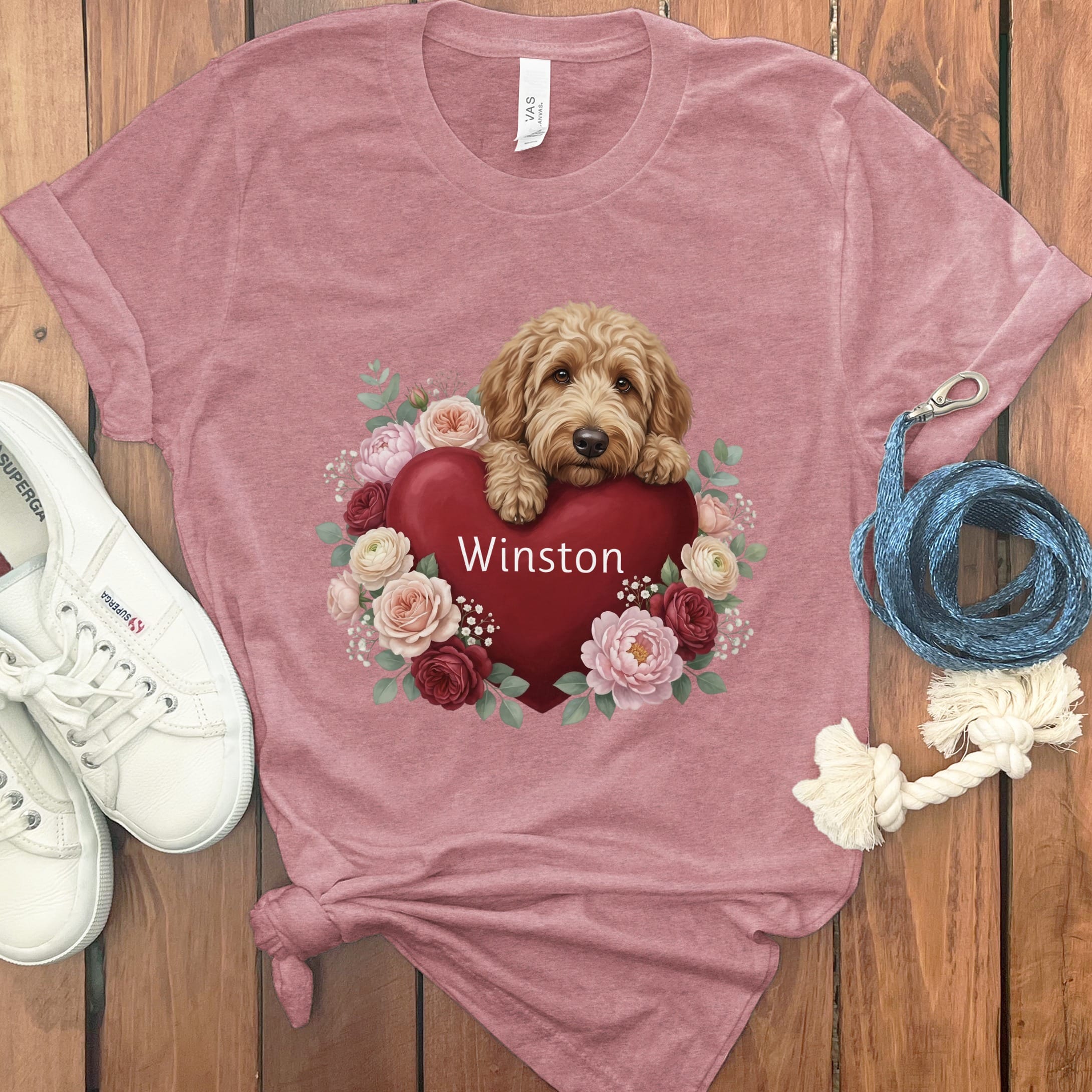 Personalized Apricot Goldendoodle Heart Belongs T-Shirt in Heather Mauve / S by Puppy Jo