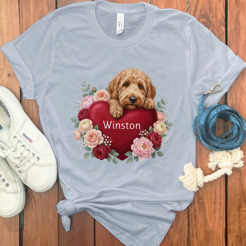 Personalized Apricot Goldendoodle Heart Belongs T-Shirt in Light Blue / S by Puppy Jo