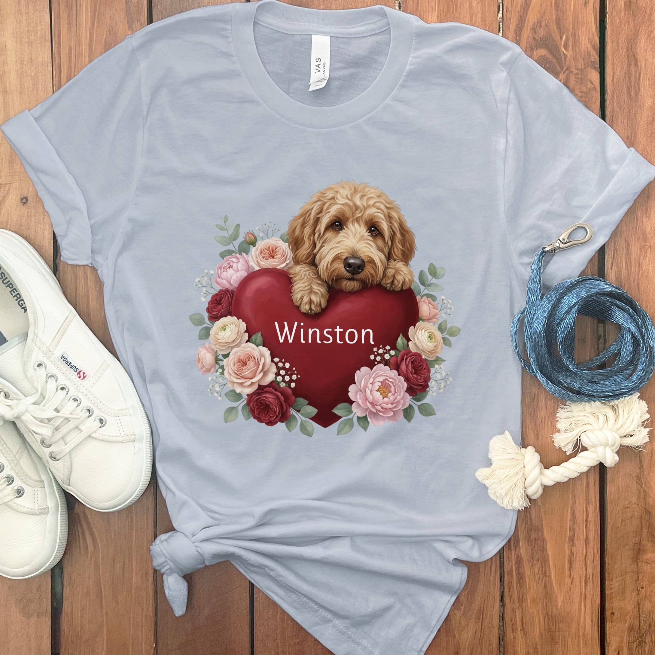 Personalized Apricot Goldendoodle Heart Belongs T-Shirt in Light Blue / S by Puppy Jo
