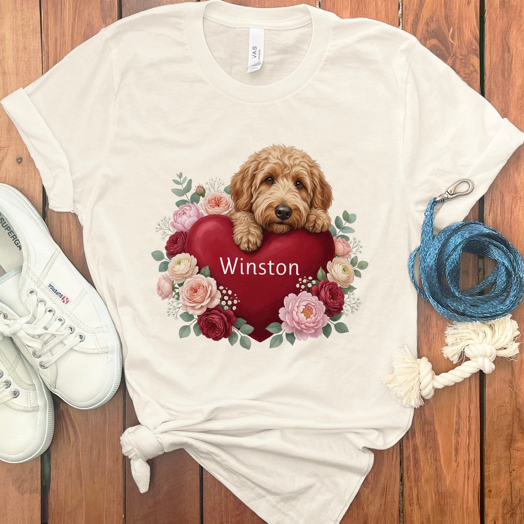 Personalized Apricot Goldendoodle Heart Belongs T-Shirt in Natural / S by Puppy Jo