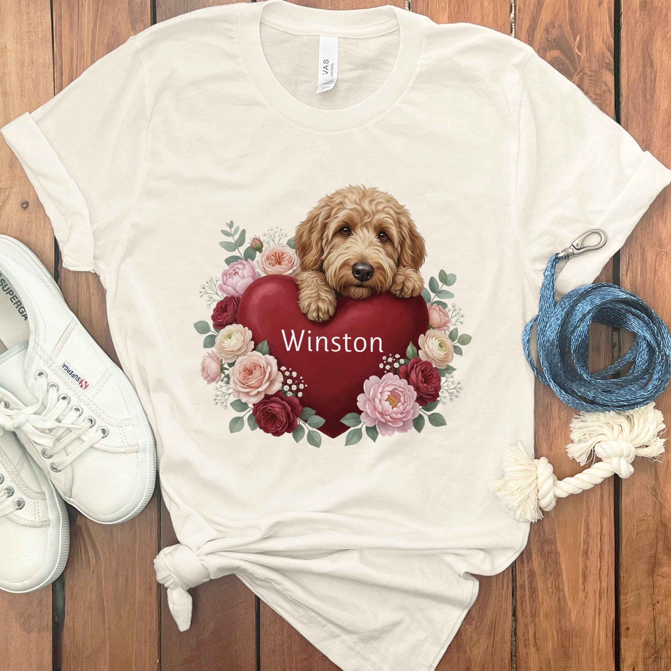 Personalized Apricot Goldendoodle Heart Belongs T-Shirt in Natural / S by Puppy Jo