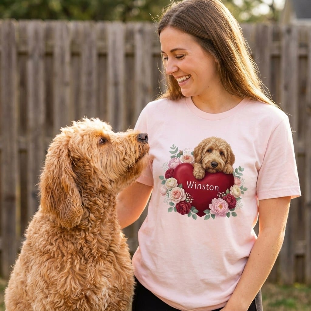 Personalized Apricot Goldendoodle Heart Belongs T-Shirt in by Puppy Jo