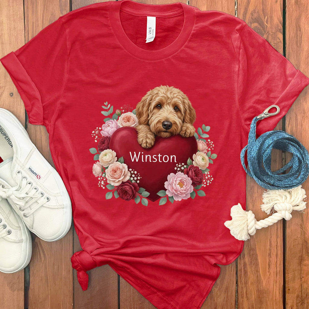 Personalized Apricot Goldendoodle Heart Belongs T-Shirt in Red / S by Puppy Jo