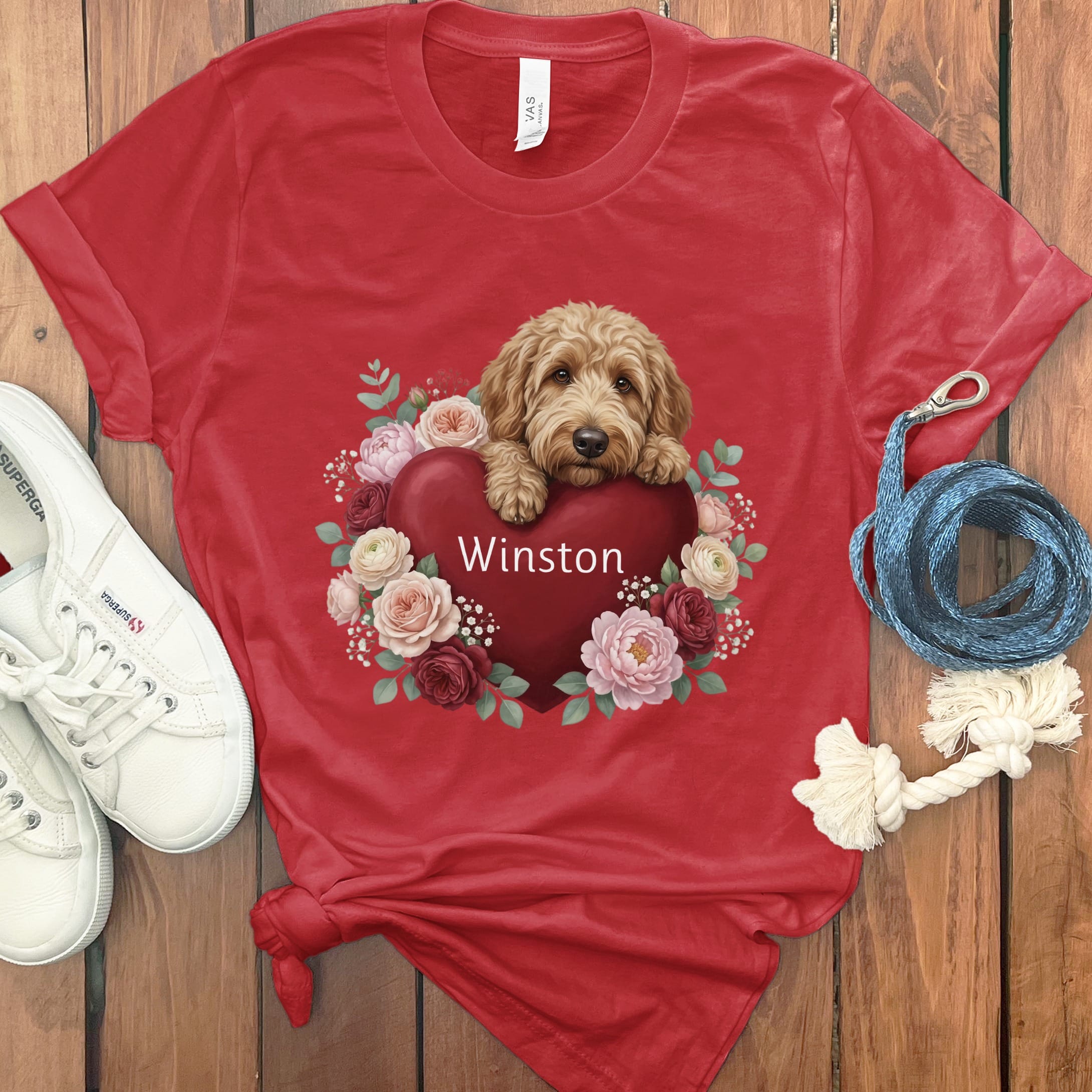 Personalized Apricot Goldendoodle Heart Belongs T-Shirt in Red / S by Puppy Jo