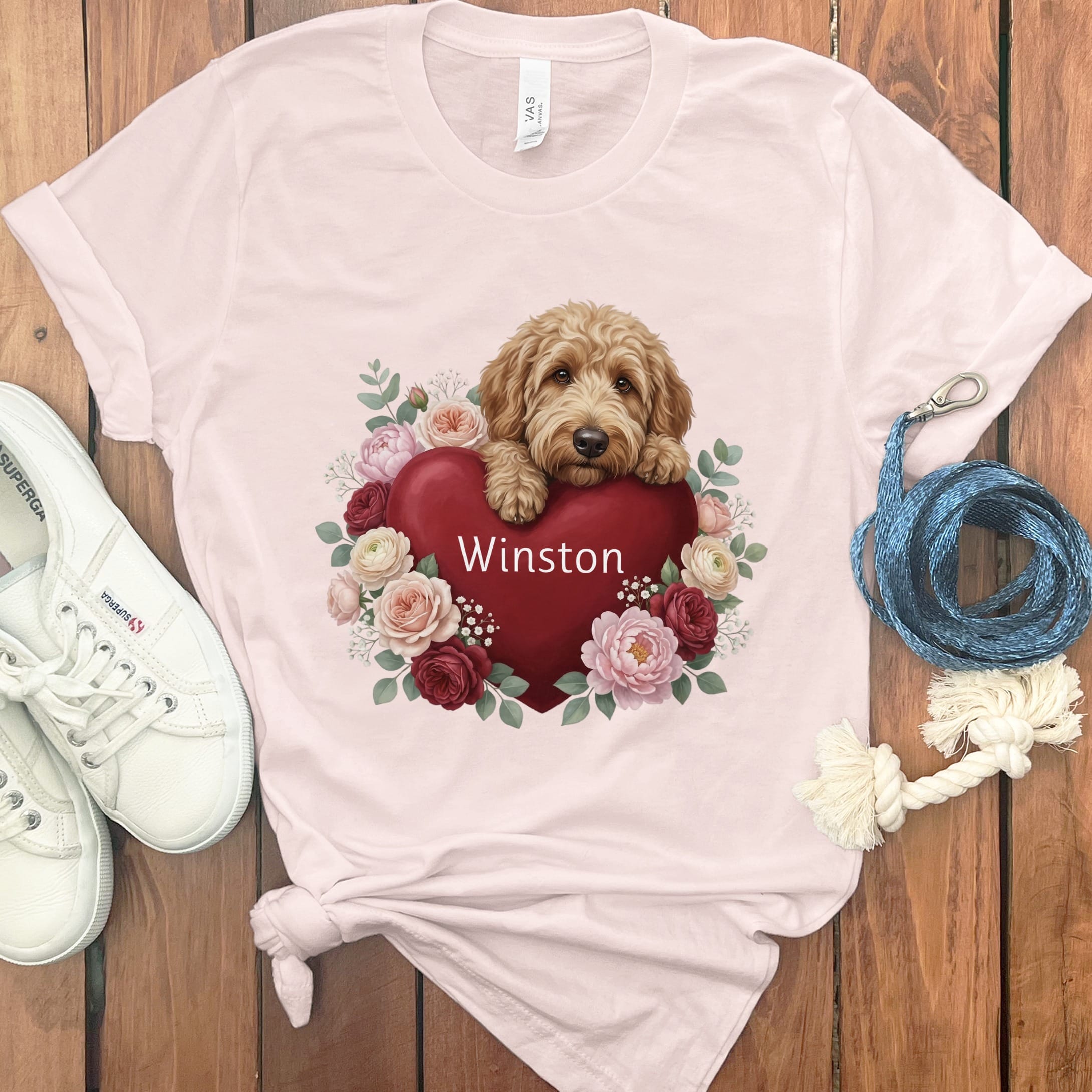 Personalized Apricot Goldendoodle Heart Belongs T-Shirt in Soft Pink / S by Puppy Jo