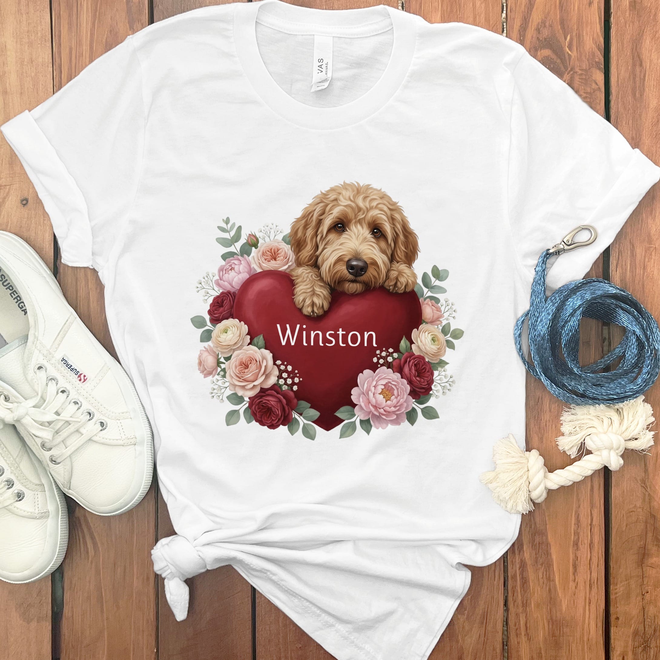 Personalized Apricot Goldendoodle Heart Belongs T-Shirt in White / S by Puppy Jo