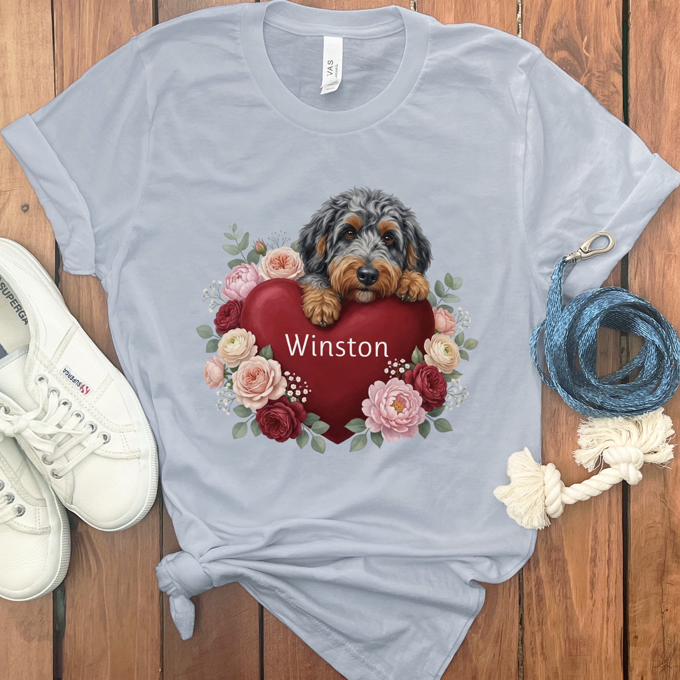 Personalized Aussiedoodle Heart Belongs T-Shirt in Light Blue / S by Puppy Jo