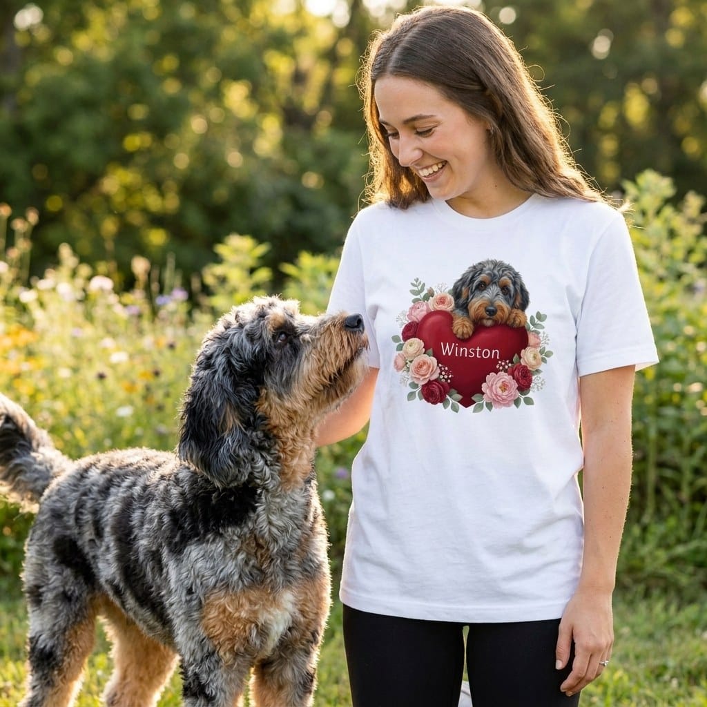 Personalized Aussiedoodle Heart Belongs T-Shirt in by Puppy Jo