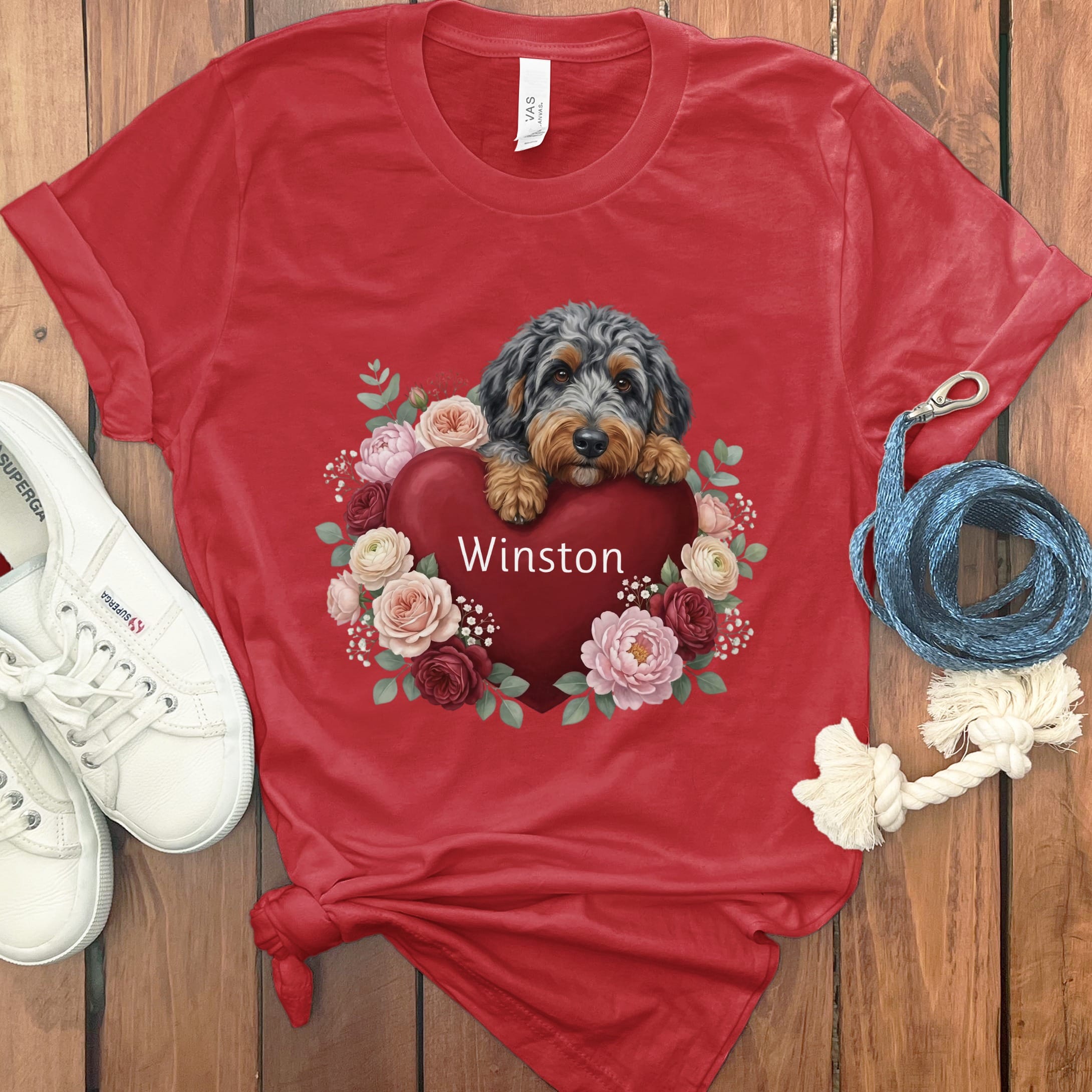 Personalized Aussiedoodle Heart Belongs T-Shirt in Red / S by Puppy Jo