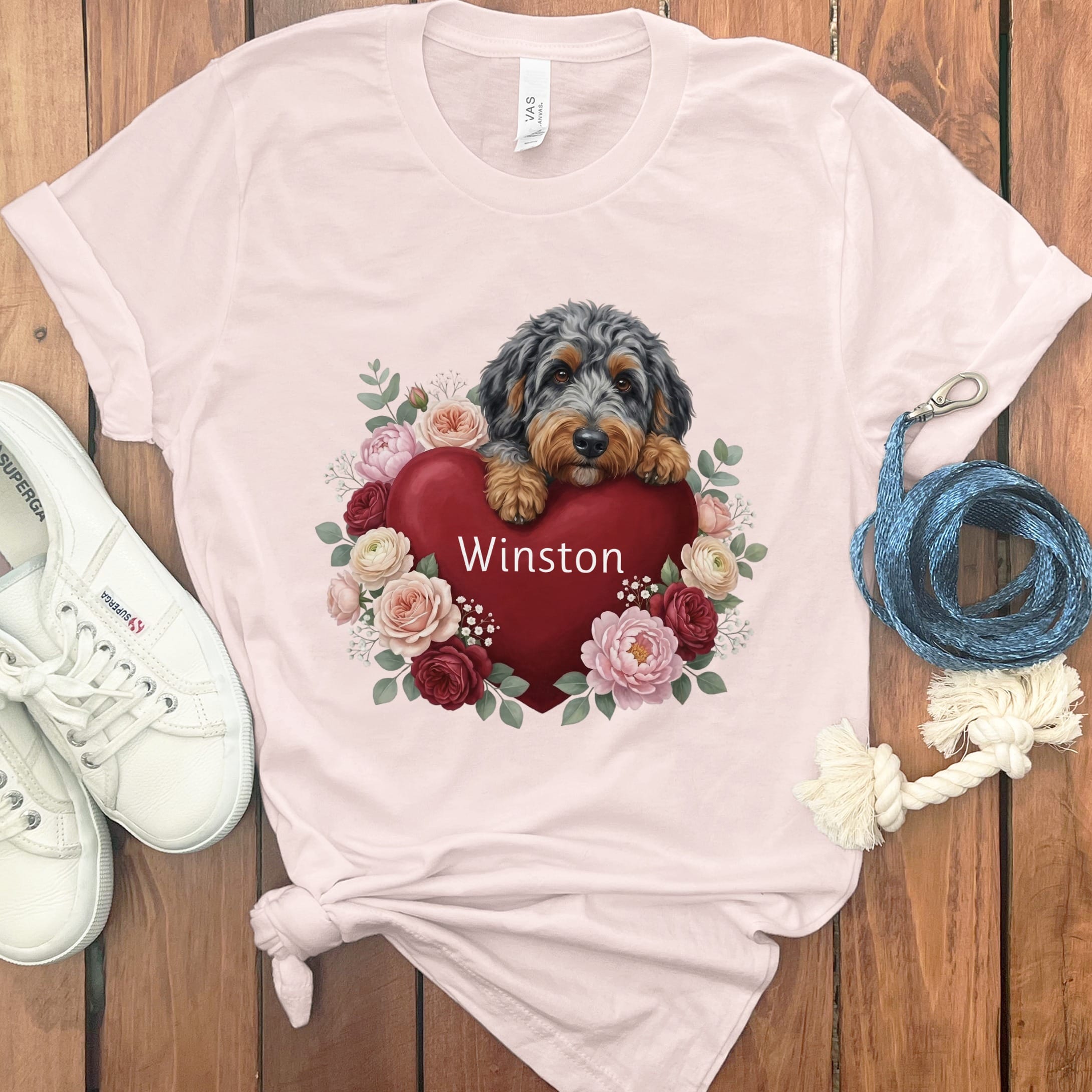 Personalized Aussiedoodle Heart Belongs T-Shirt in Soft Pink / S by Puppy Jo