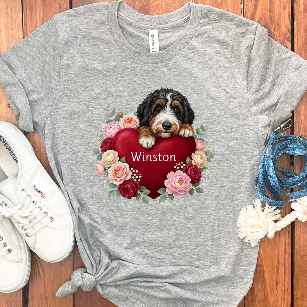 Personalized Bernedoodle Heart Belongs T-Shirt in Athletic Heather / S by Puppy Jo