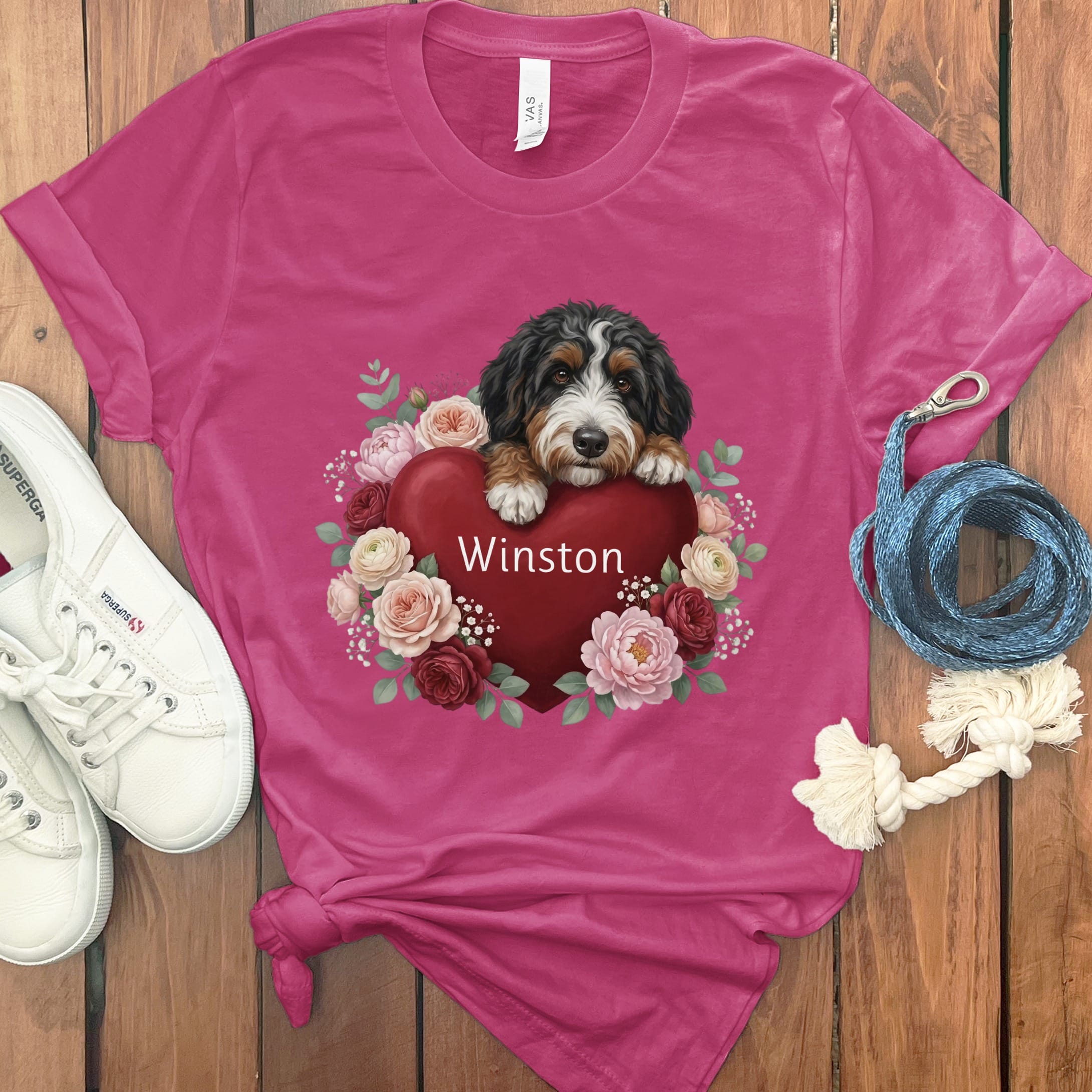 Personalized Bernedoodle Heart Belongs T-Shirt in Berry / S by Puppy Jo