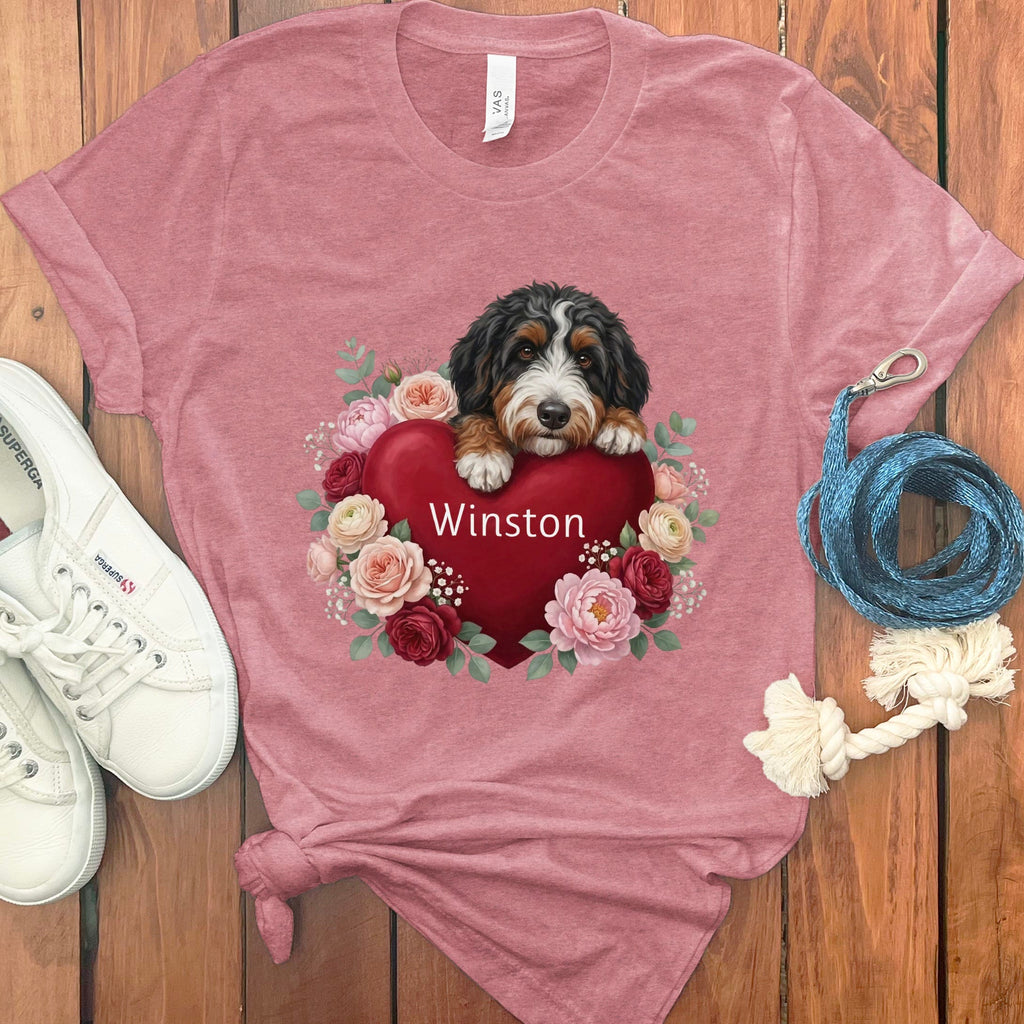 Personalized Bernedoodle Heart Belongs T-Shirt in Heather Mauve / S by Puppy Jo