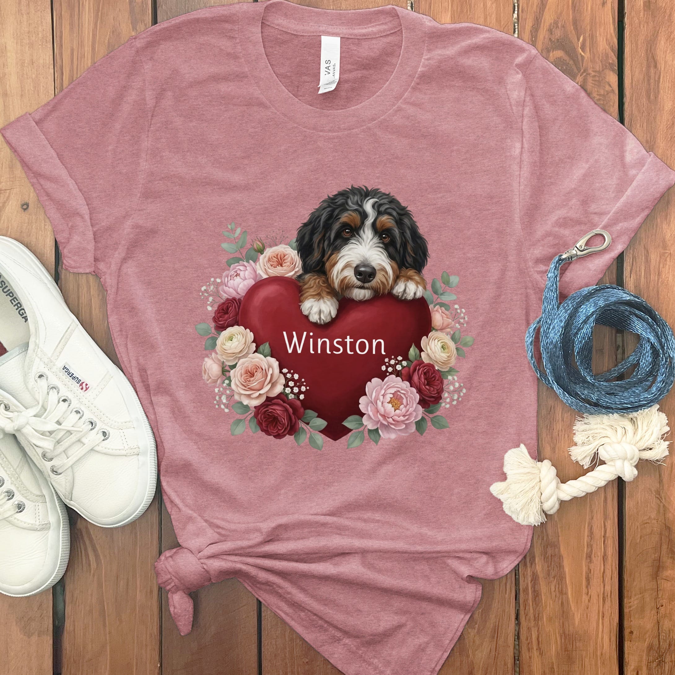 Personalized Bernedoodle Heart Belongs T-Shirt in Heather Mauve / S by Puppy Jo