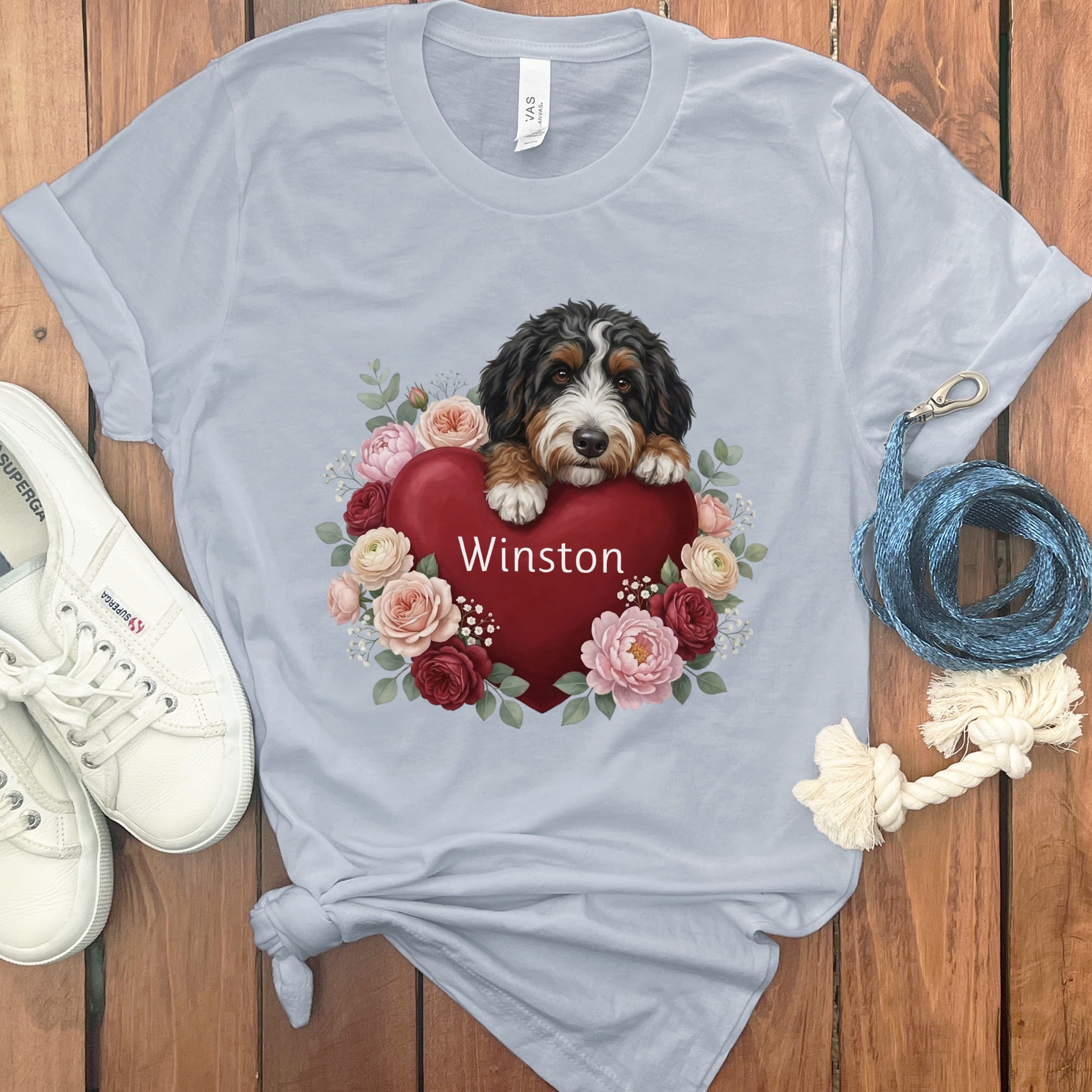Personalized Bernedoodle Heart Belongs T-Shirt in Light Blue / S by Puppy Jo