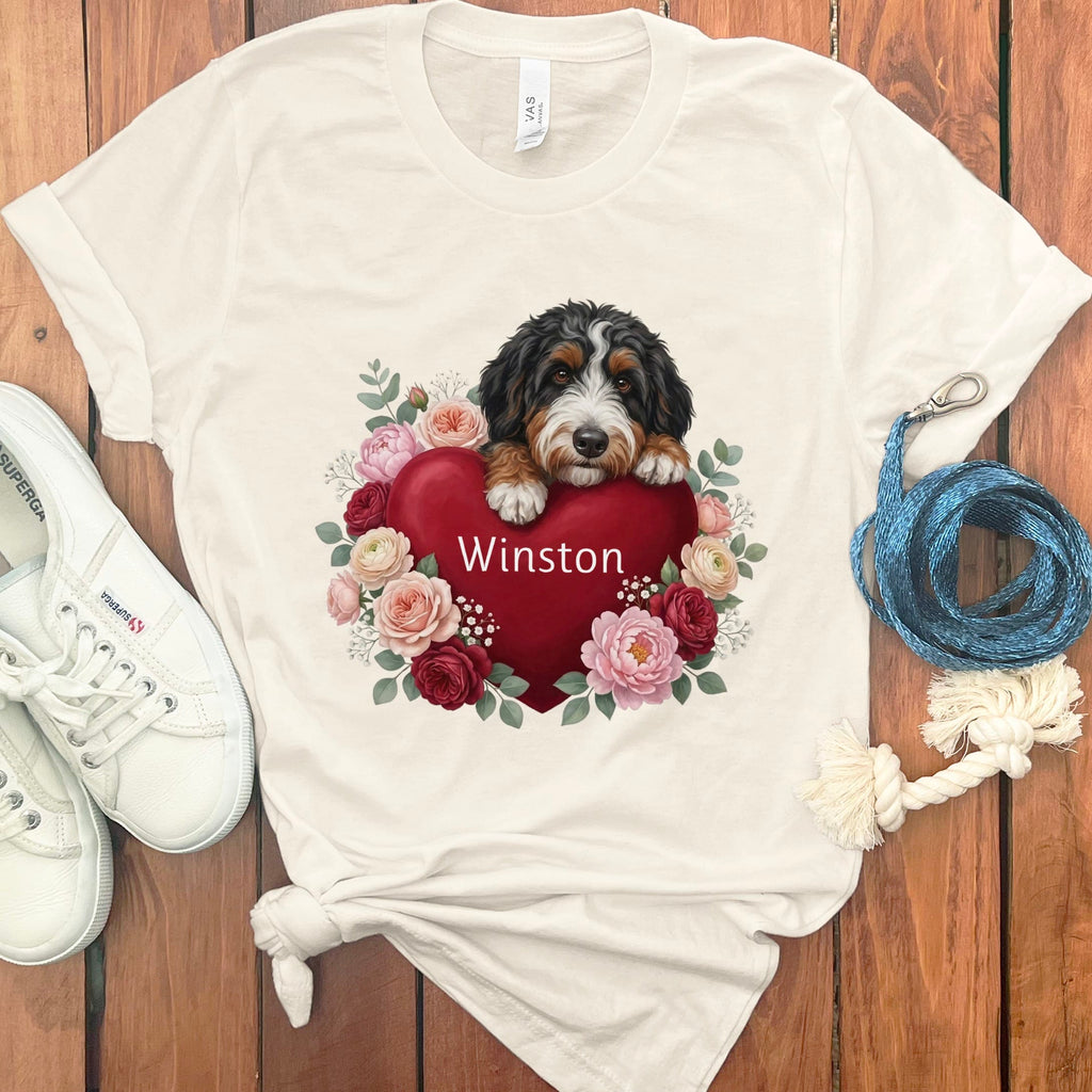 Personalized Bernedoodle Heart Belongs T-Shirt in Natural / S by Puppy Jo